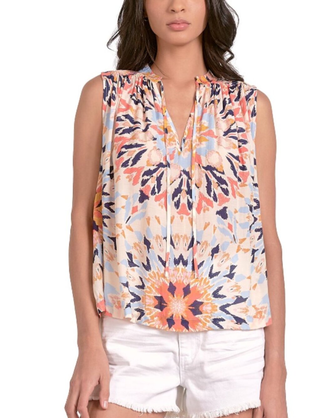 Elan Abstract Floral Sleeveless Blouse L Boho Colorful Flowy Tank Top